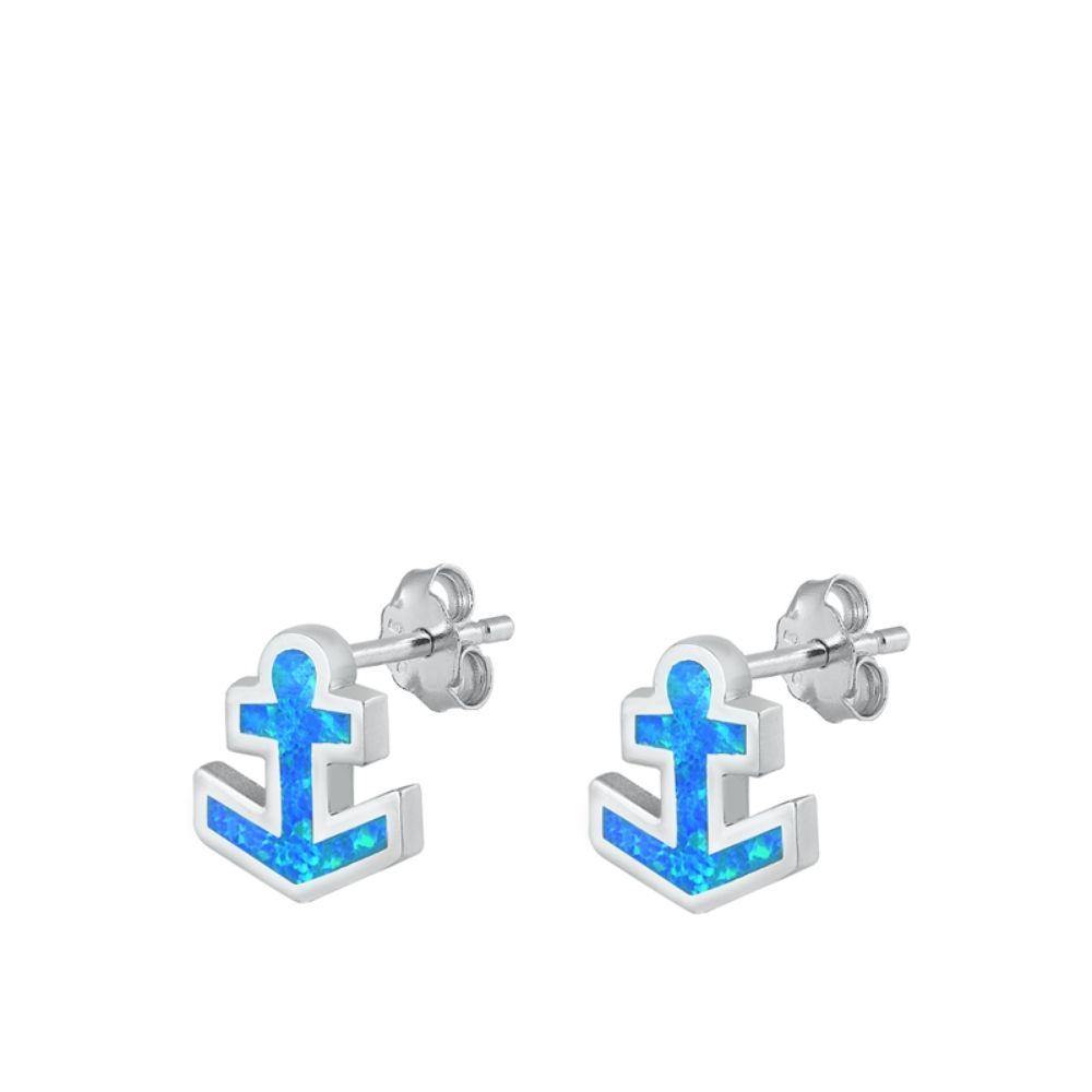 Sterling Silver Rhodim Plated Anchor Blue Lab Opal Stud Earrings - silverdepot