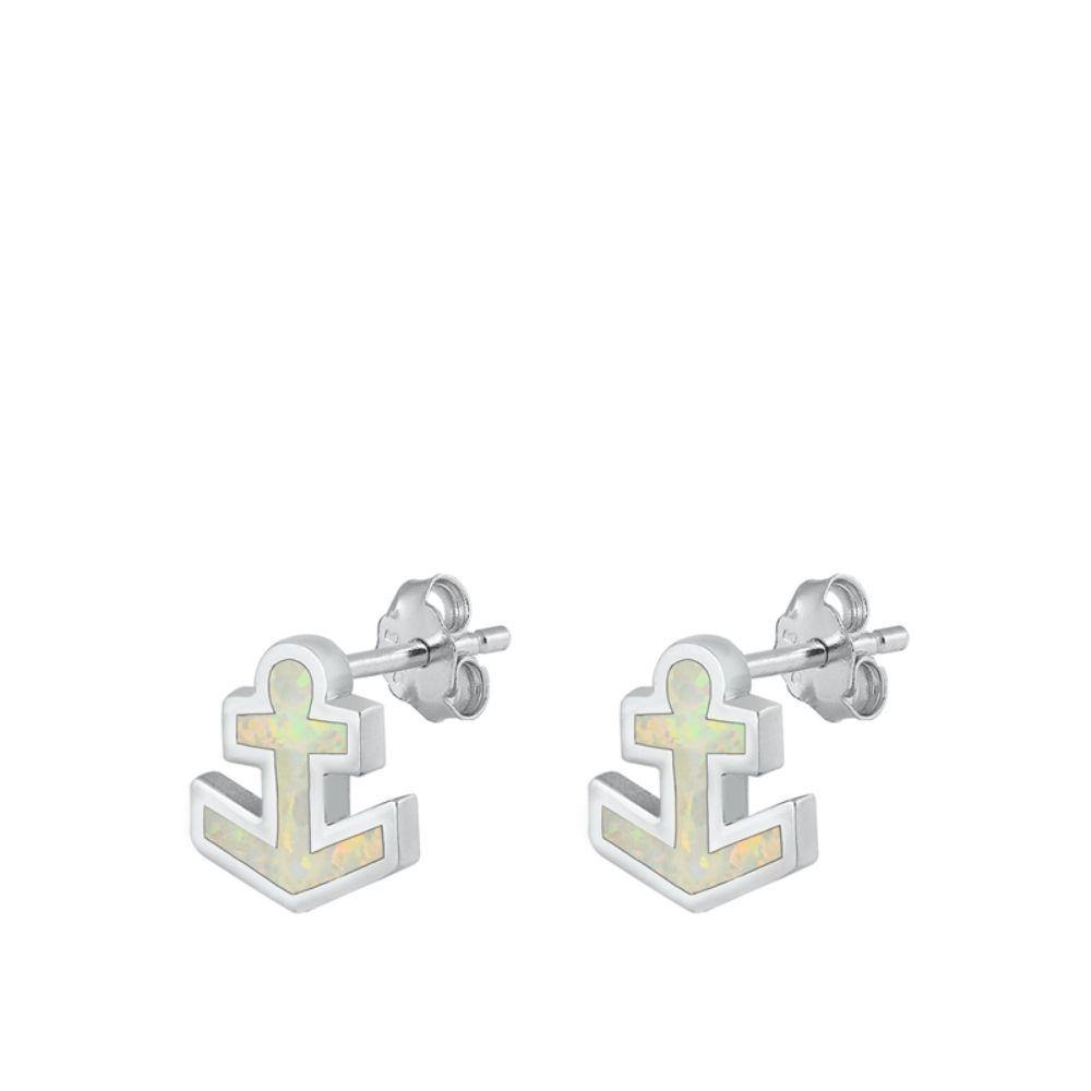 Sterling Silver Rhodim Plated Anchor White Lab Opal Stud Earrings - silverdepot
