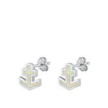 Load image into Gallery viewer, Sterling Silver Rhodim Plated Anchor White Lab Opal Stud Earrings - silverdepot