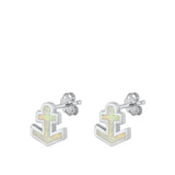 Sterling Silver Rhodim Plated Anchor White Lab Opal Stud Earrings