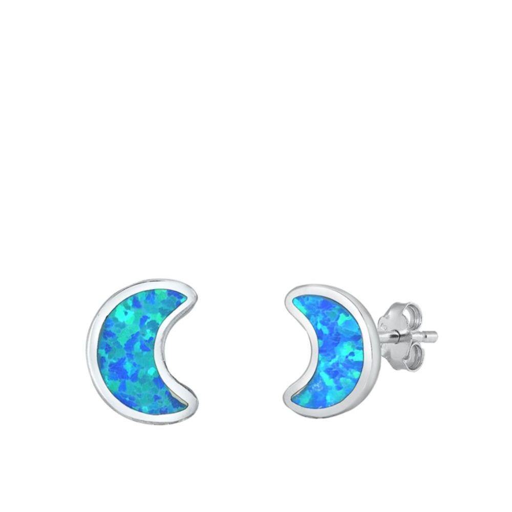 Sterling Silver Rhodim Plated Moon Blue Lab Opal Stud Earrings - silverdepot