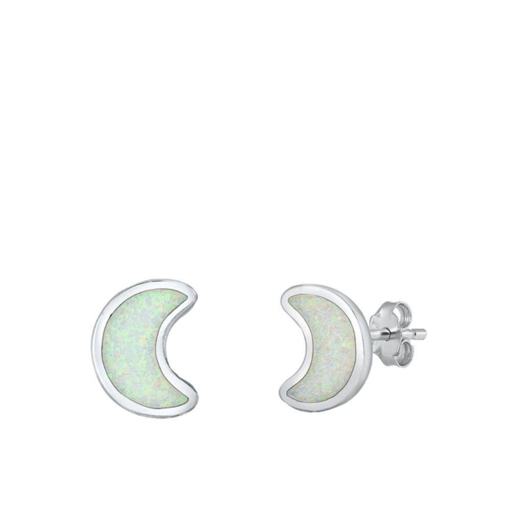 Sterling Silver Rhodim Plated Moon White Lab Opal Stud Earrings - silverdepot