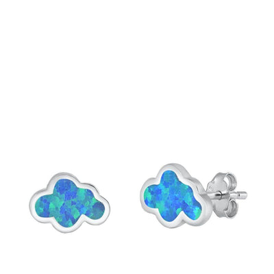 Sterling Silver Rhodim Plated Cloud Blue Lab Opal Stud Earrings - silverdepot