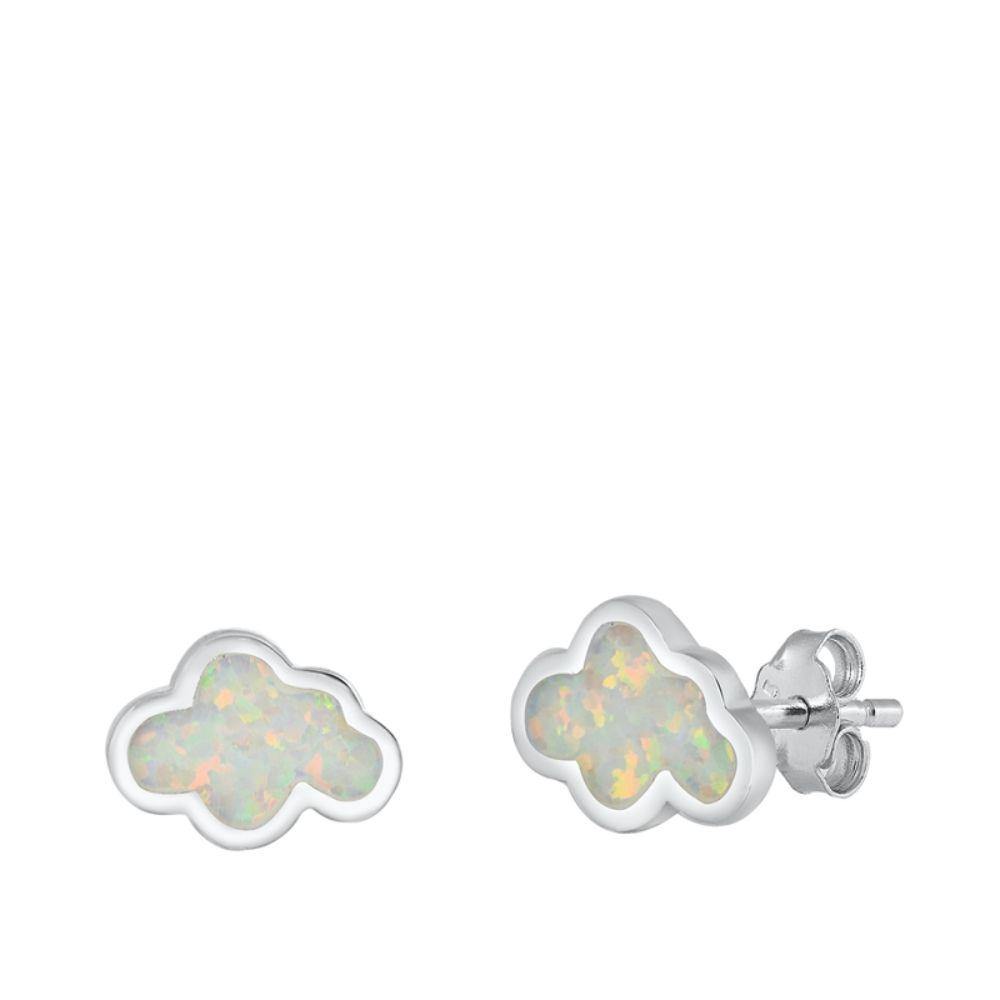 Sterling Silver Rhodim Plated Cloud White Lab Opal Stud Earrings - silverdepot