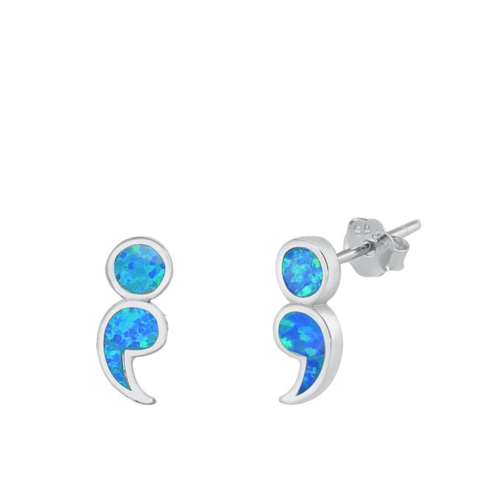 Sterling Silver Rhodim Plated Semi Colon Blue Lab Opal Stud Earrings - silverdepot