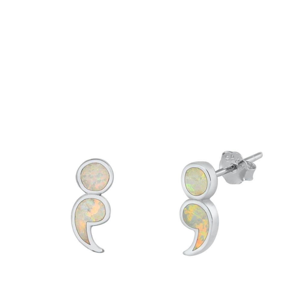 Sterling Silver Rhodim Plated Semi Colon White Lab Opal Stud Earrings - silverdepot