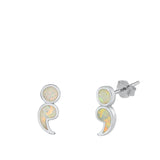 Sterling Silver Rhodim Plated Semi Colon White Lab Opal Stud Earrings