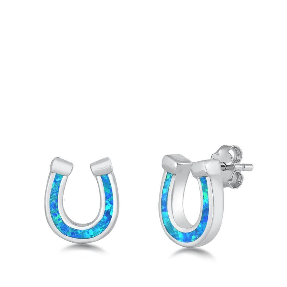 Sterling Silver Rhodium Plated Horseshoe Blue Lab Opal Stud Earrings