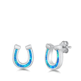 Sterling Silver Rhodim Plated Horse Shoe Blue Lab Opal Stud Earrings