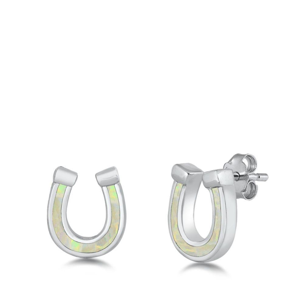 Sterling Silver Rhodium Plated Horseshoe White Lab Opal Stud Earrings