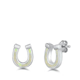 Sterling Silver Rhodim Plated Horse Shoe White Lab Opal Stud Earrings