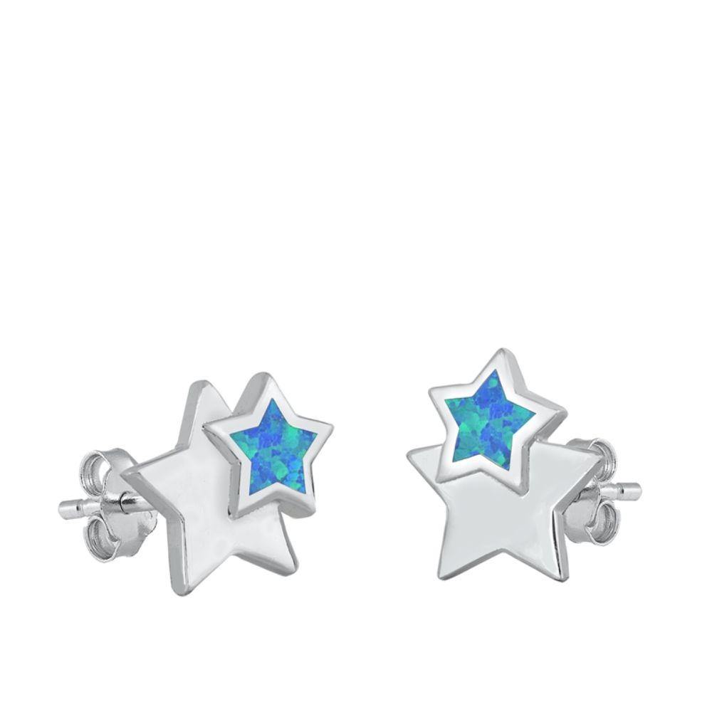 Sterling Silver Rhodim Plated Star Blue Lab Opal Stud Earrings - silverdepot