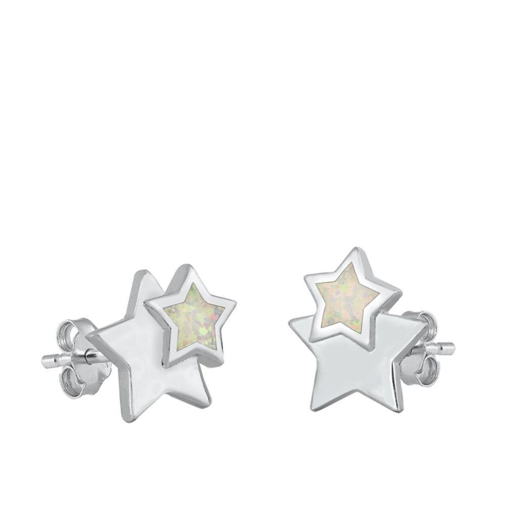 Sterling Silver Rhodim Plated Star White Lab Opal Stud Earrings - silverdepot