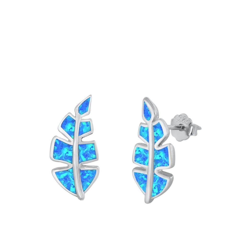 Sterling Silver Rhodim Plated Leaf Blue Lab Opal Stud Earrings - silverdepot