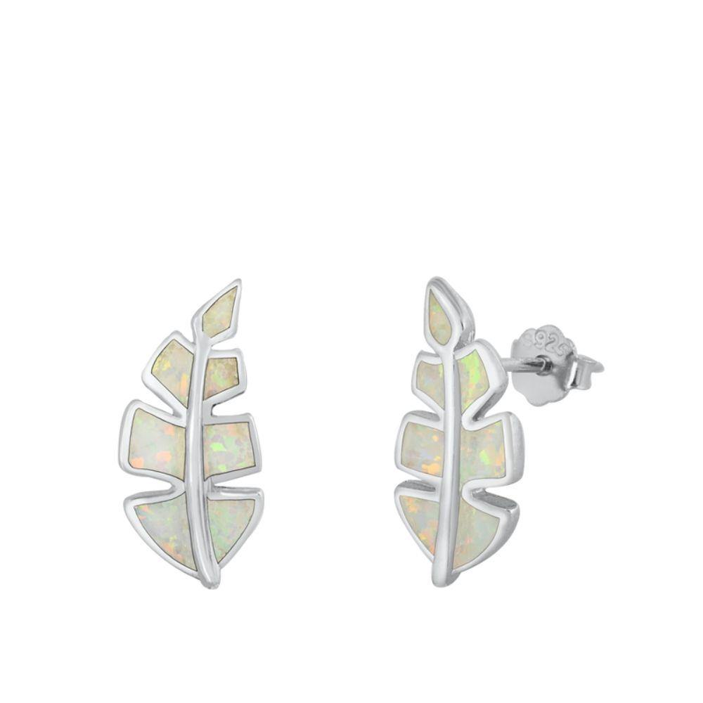 Sterling Silver Rhodim Plated Leaf White Lab Opal Stud Earrings - silverdepot