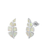 Sterling Silver Rhodim Plated Leaf White Lab Opal Stud Earrings