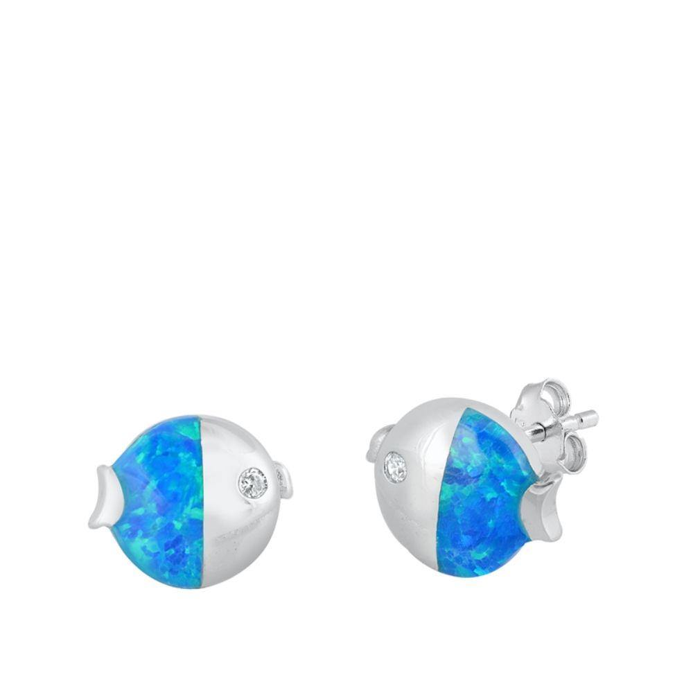 Sterling Silver Rhodim Plated Ladybug Blue Lab Opal Stud Earrings - silverdepot