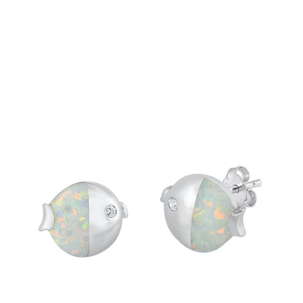 Sterling Silver Rhodim Plated Ladybug White Lab Opal Stud Earrings - silverdepot