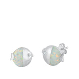 Sterling Silver Rhodim Plated Ladybug White Lab Opal Stud Earrings