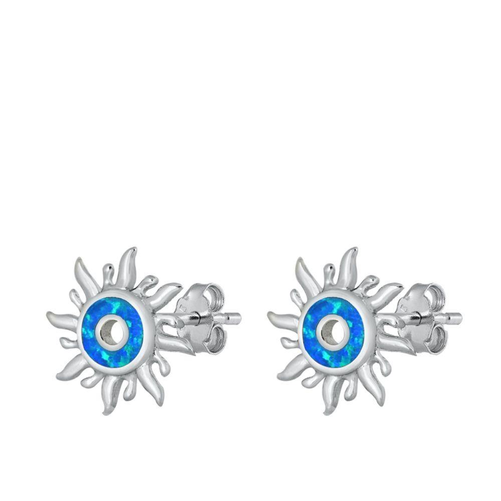 Sterling Silver Rhodim Plated Sun Blue Lab Opal Stud Earrings - silverdepot