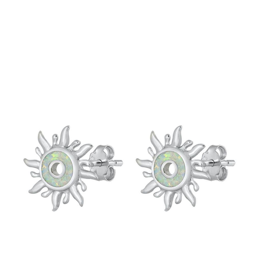 Sterling Silver Rhodim Plated Sun White Lab Opal Stud Earrings - silverdepot