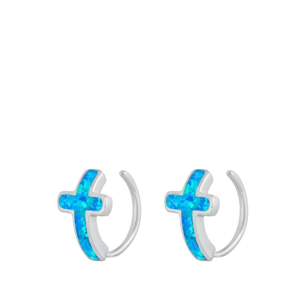 Sterling Silver Rhodim Plated Cross Blue Lab Opal Stud Earrings - silverdepot