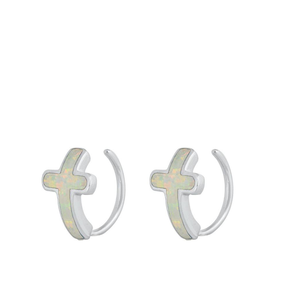 Sterling Silver Rhodim Plated Cross White Lab Opal Stud Earrings - silverdepot