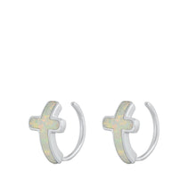 Load image into Gallery viewer, Sterling Silver Rhodim Plated Cross White Lab Opal Stud Earrings - silverdepot