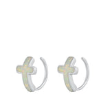 Sterling Silver Rhodim Plated Cross White Lab Opal Stud Earrings