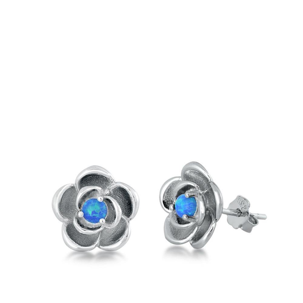 Sterling Silver Rhodim Plated Flower Blue Lab Opal Stud Earrings - silverdepot