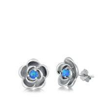 Load image into Gallery viewer, Sterling Silver Rhodim Plated Flower Blue Lab Opal Stud Earrings - silverdepot