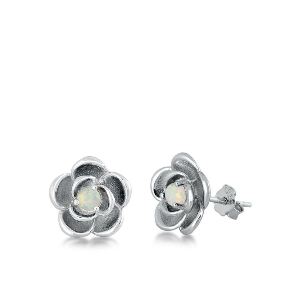 Sterling Silver Rhodim Plated Flower White Lab Opal Stud Earrings - silverdepot