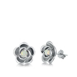 Sterling Silver Rhodim Plated Flower White Lab Opal Stud Earrings