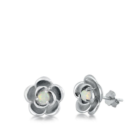 Sterling Silver Rhodim Plated Flower White Lab Opal Stud Earrings