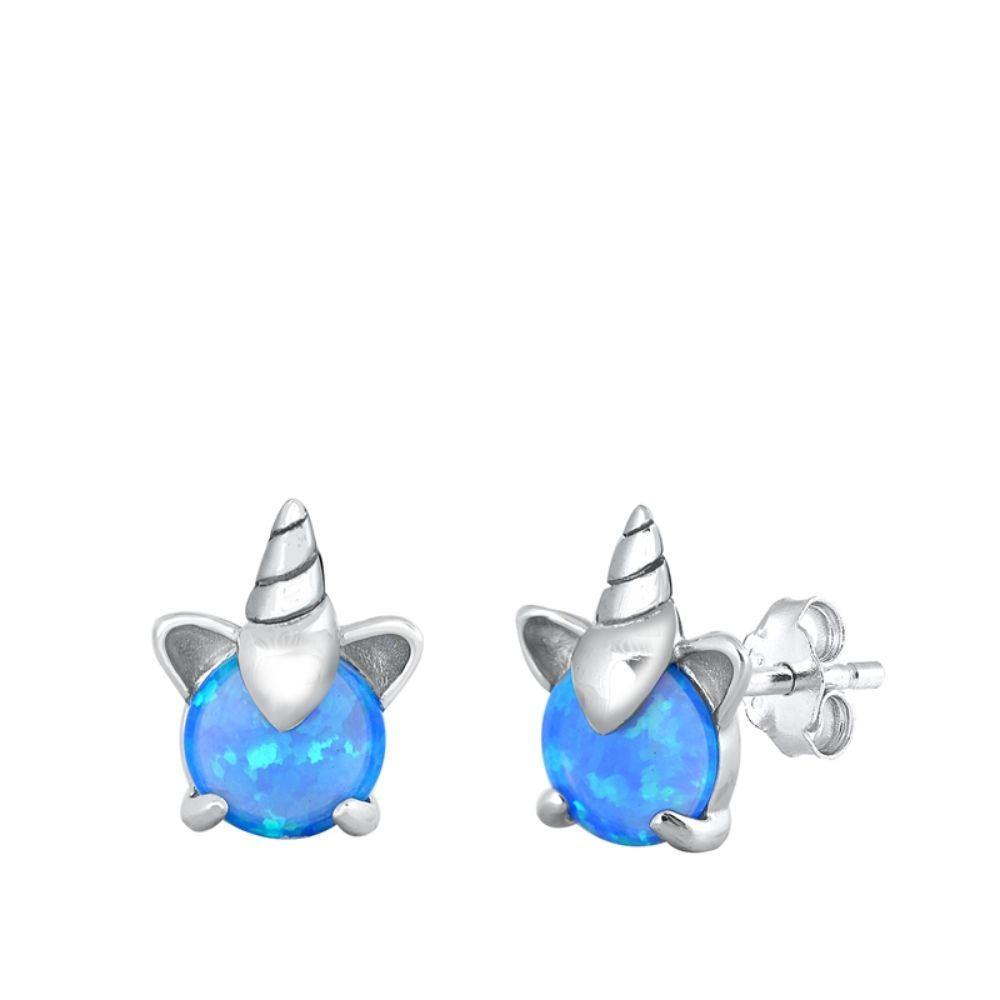 Sterling Silver Rhodim Plated Unicorn Blue Lab Opal Stud Earrings - silverdepot