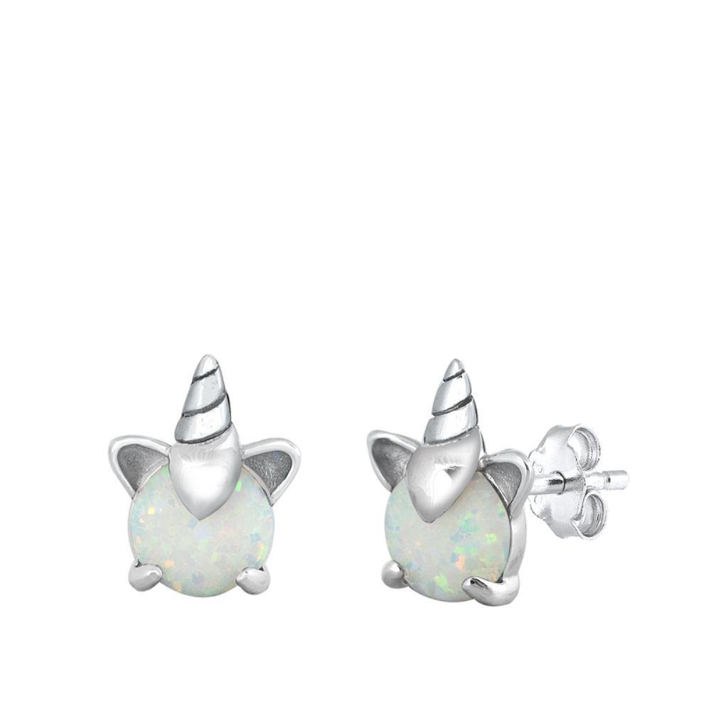 Sterling Silver Rhodim Plated Unicorn White Lab Opal Stud Earrings - silverdepot