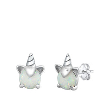 Load image into Gallery viewer, Sterling Silver Rhodim Plated Unicorn White Lab Opal Stud Earrings - silverdepot