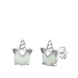 Sterling Silver Rhodim Plated Unicorn White Lab Opal Stud Earrings