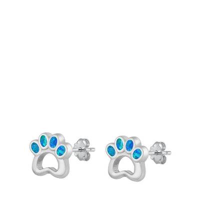 Sterling Silver Rhodium Plated Paw Print Blue Lab Opal Earrings - silverdepot