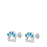 Sterling Silver Rhodium Plated Paw Print Blue Lab Opal Earrings