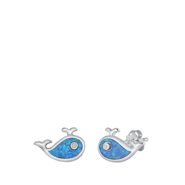 Sterling Silver Rhodium Plated Whale Blue Lab Opal Earrings