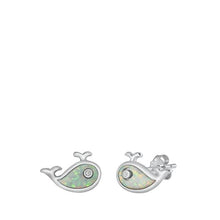 Load image into Gallery viewer, Sterling Silver Rhodium Plated Whale White Lab Opal Earrings