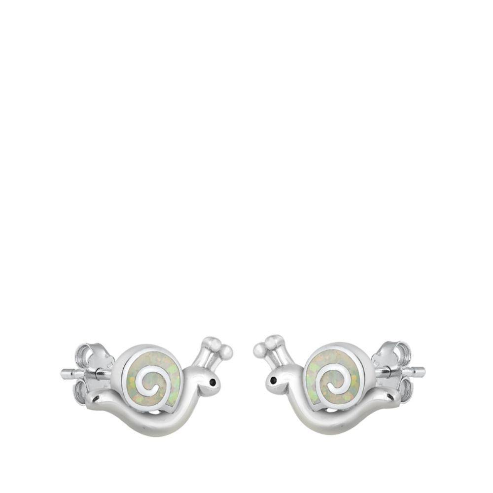 Sterling Silver Rhodium Plated Snail White Lab Opal Earrings - silverdepot