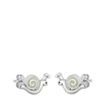 Load image into Gallery viewer, Sterling Silver Rhodium Plated Snail White Lab Opal Earrings - silverdepot