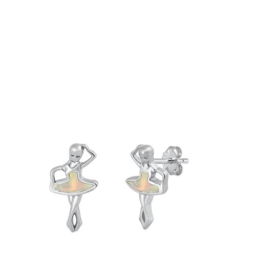 Sterling Silver Rhodium Plated Ballet Dancer White Lab Opal Earrings