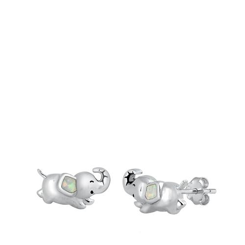 Sterling Silver Rhodium Plated Baby Elephant White Lab Opal Earrings