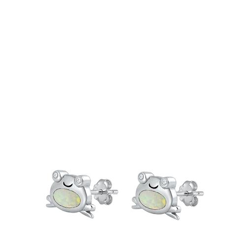 Sterling Silver Rhodium Plated Frog White Lab Opal Earrings