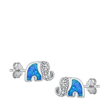 Load image into Gallery viewer, Sterling Silver Rhodium Plated Elephant Blue Lab Opal And Clear CZ Earrings