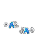 Sterling Silver Rhodium Plated Elephant Blue Lab Opal And Clear CZ Earrings