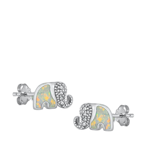 Sterling Silver Rhodium Plated Elephant White Lab Opal And Clear CZ Earrings